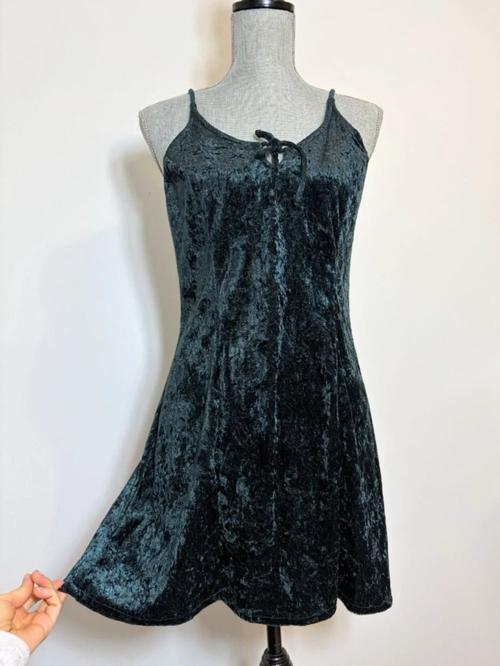 Vintage 90s Crushed Velvet Slip Dress Forest Green Rockstar Chic Mini Dress - Picture 3 of 9